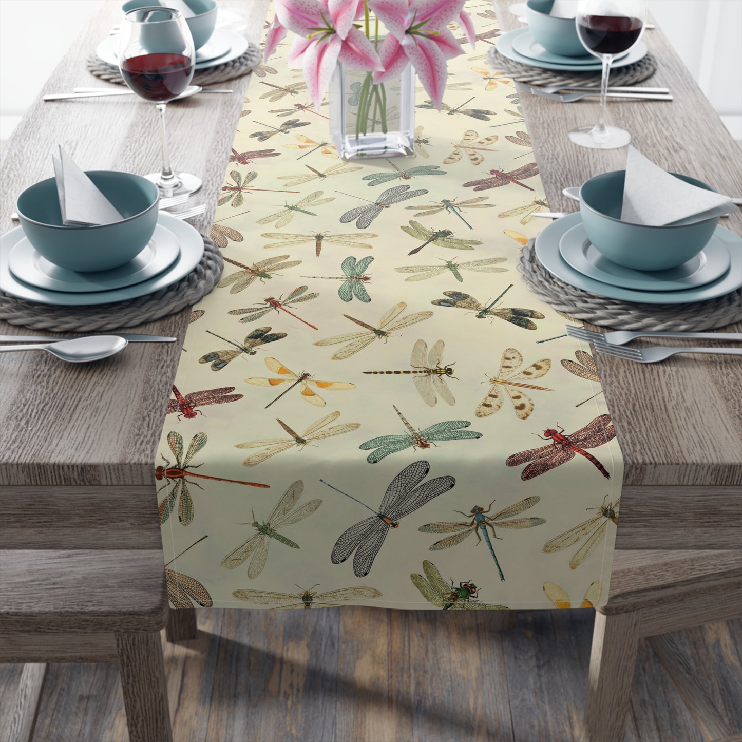 Dragonfly Print Table Runner - Elegant Whimsy, Cotton Twill or Polyester - Perfect for Nature-Inspired Home Decor
