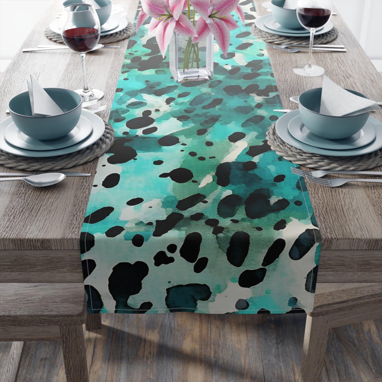 Cow Print Table Runner - Chic Farmhouse Style, Available in Cotton Twill or Polyester - Elevate Your Home Decor