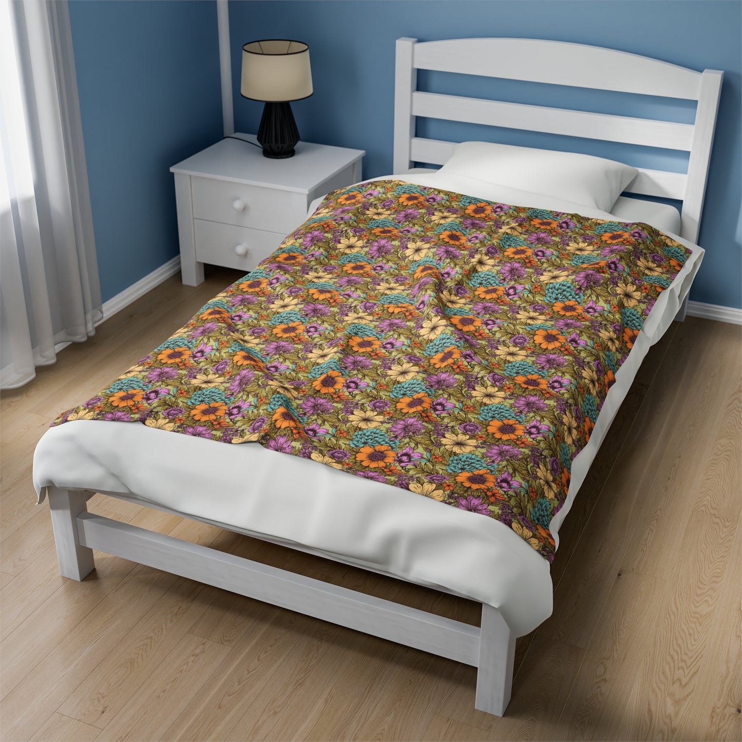 Boho Floral Velveteen Plush Blanket | Soft, Artistic, Luxurious and Comforting | Available in Multiple Sizes