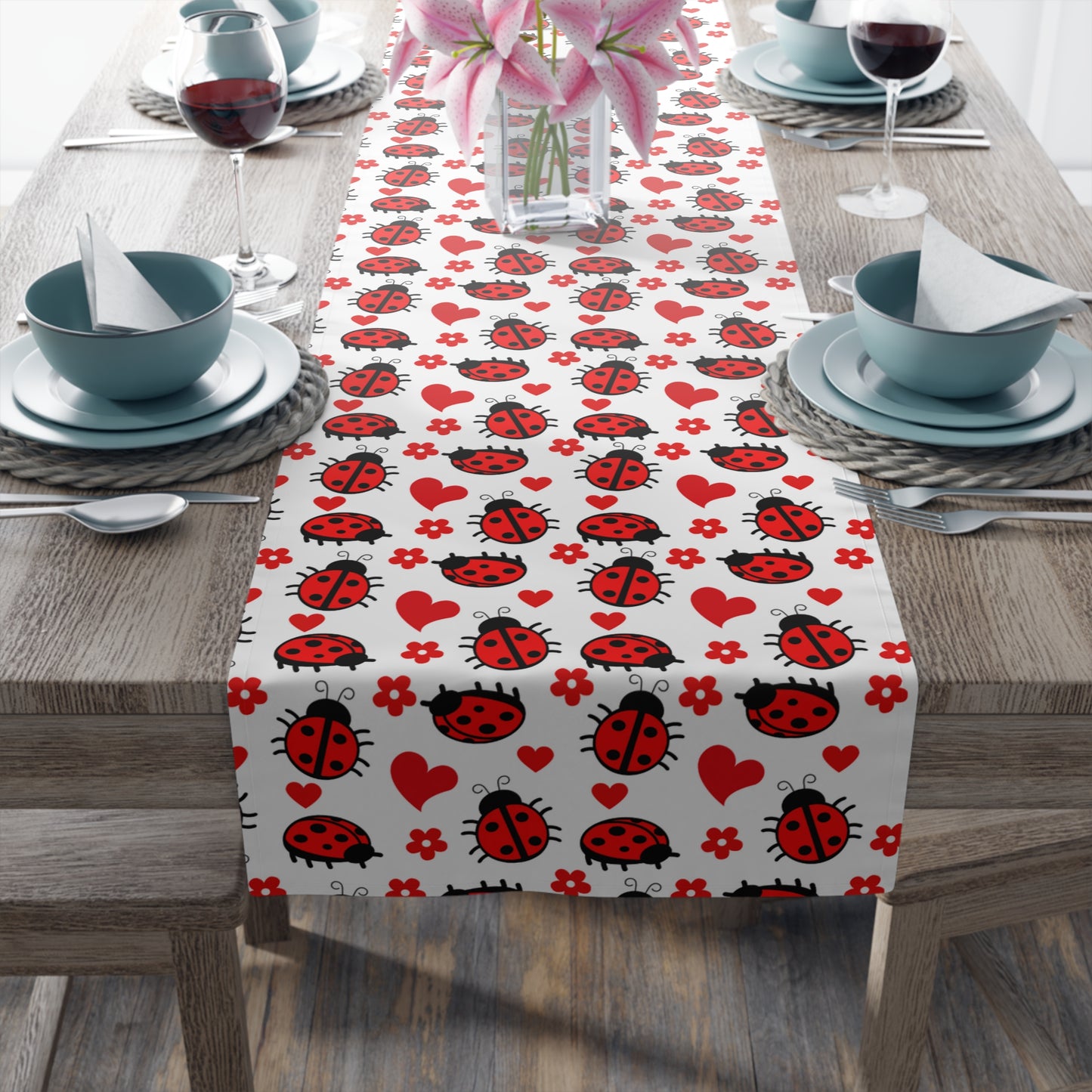 Ladybug Print Table Runner - Charming Good Luck, Cotton Twill or Polyester - Perfect for Nature-Inspired Home Decor