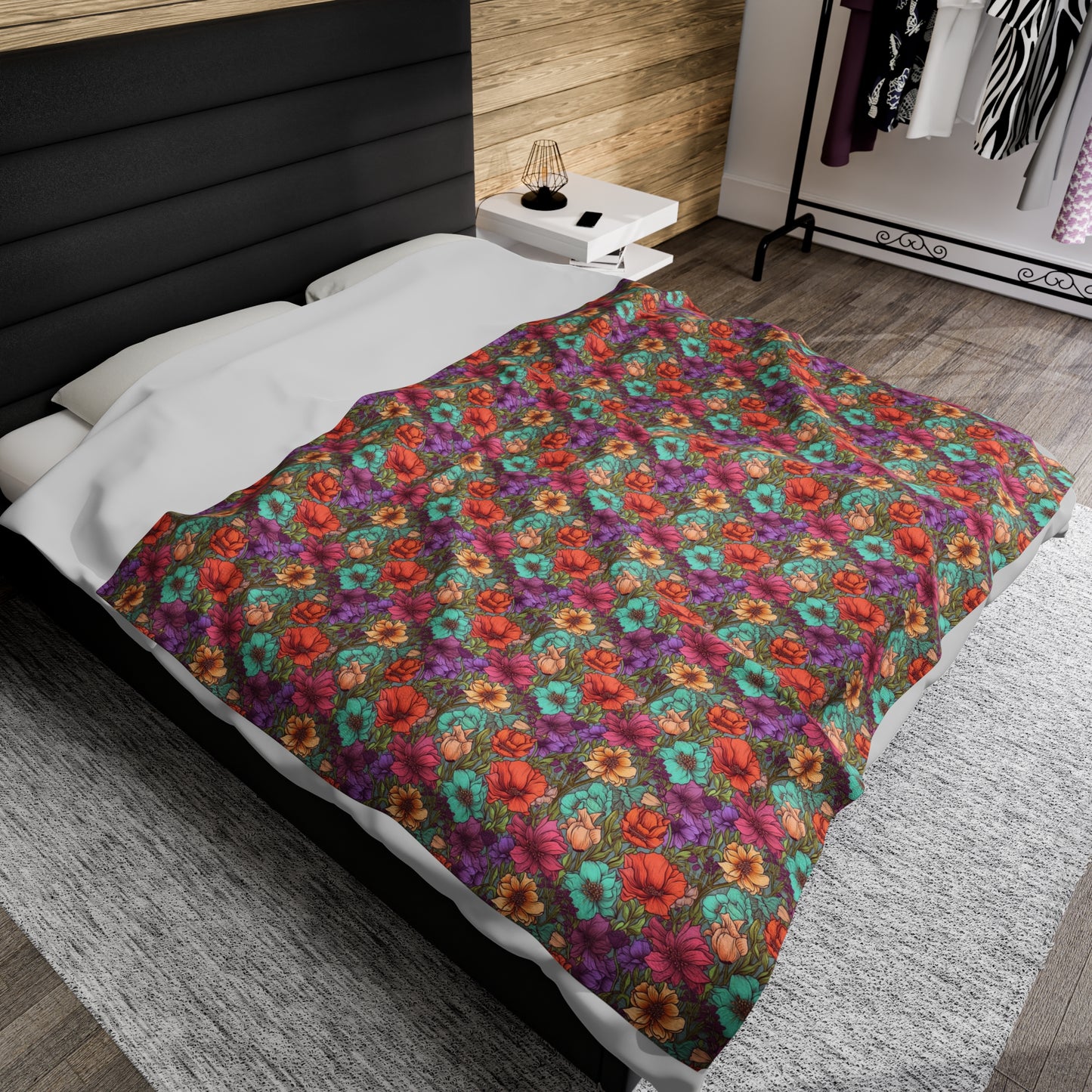 Boho Floral Velveteen Plush Blanket | Soft, Artistic, Luxurious and Comforting | Available in Multiple Sizes