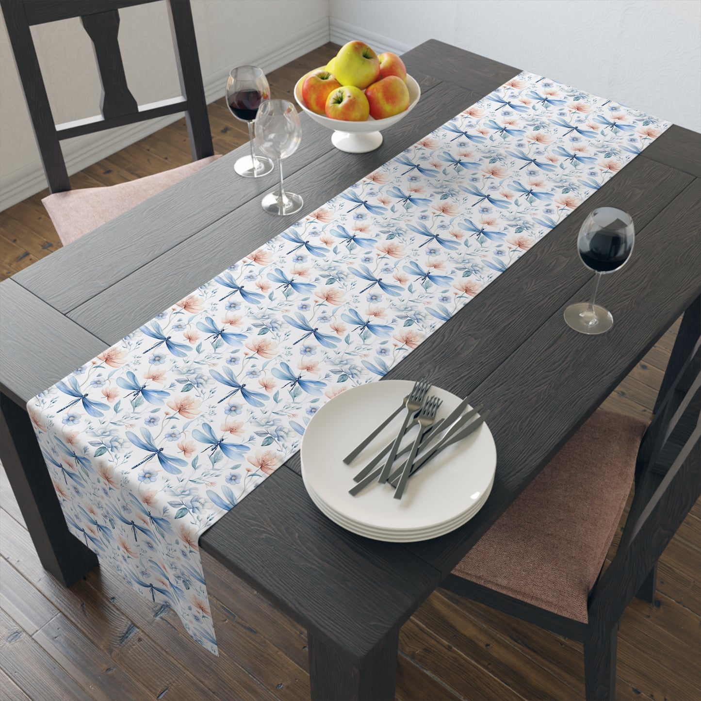 Dragonfly Print Table Runner - Elegant Whimsy, Cotton Twill or Polyester - Perfect for Nature-Inspired Home Decor