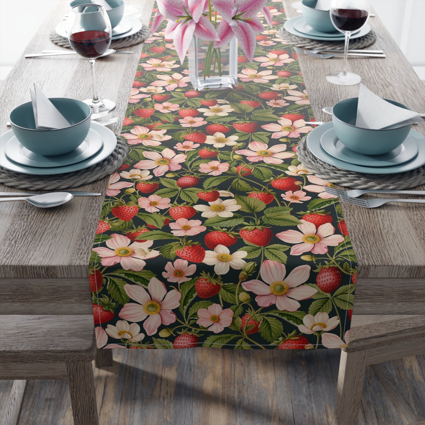 Strawberry Print Table Runner - Sweet Charm, Cotton Twill or Polyester - Perfect for Summer & Whimsical Home Decor