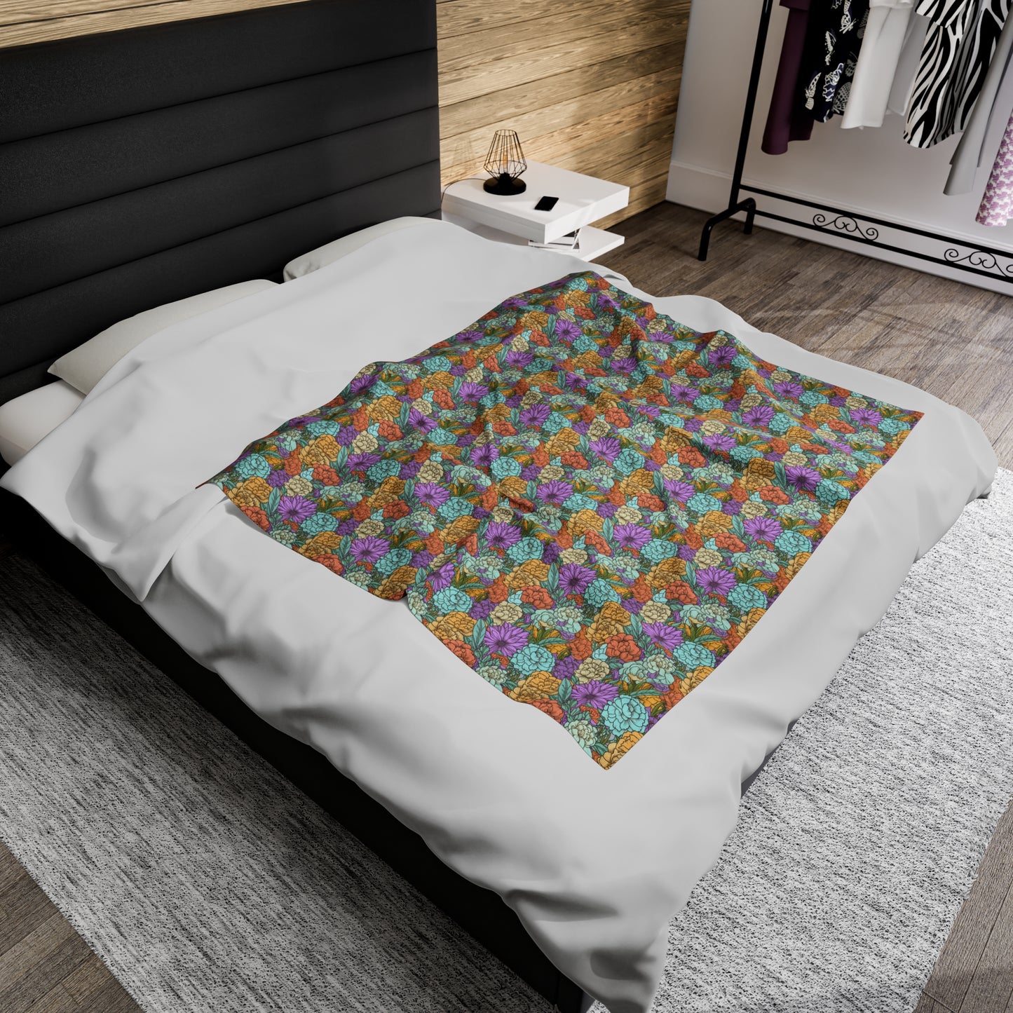 Boho Floral Velveteen Plush Blanket | Soft, Artistic, Luxurious and Comforting | Available in Multiple Sizes
