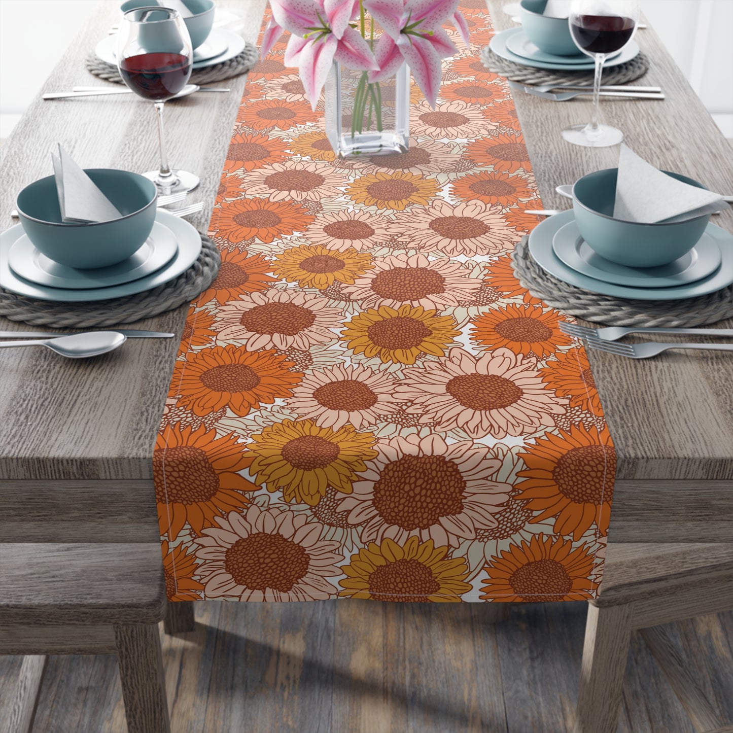 Sunflower Print Table Runner - Bright and Cheerful, Cotton Twill or Polyester - Perfect for Sunny Home Decor