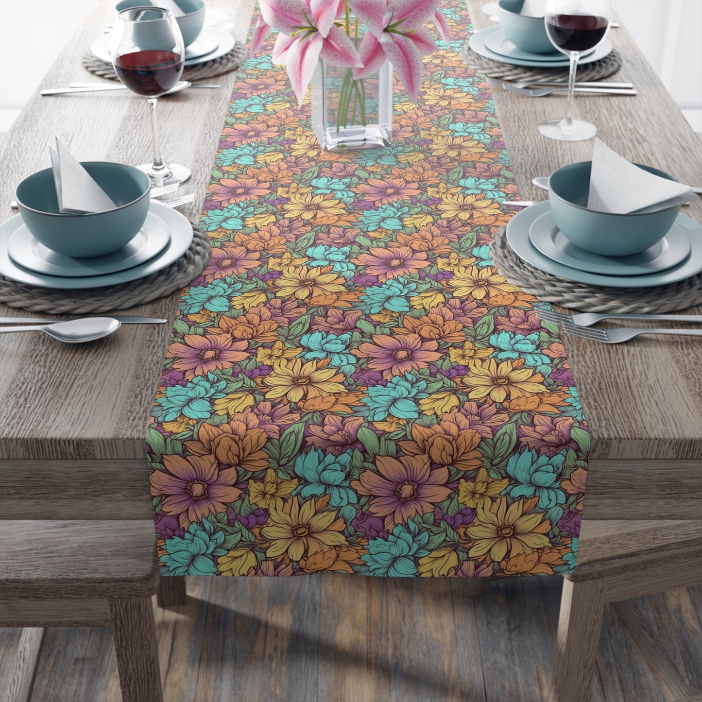 Boho Floral Table Runner - Vibrant Designs in Cotton Twill or Polyester - Ideal for Natural Home Decor