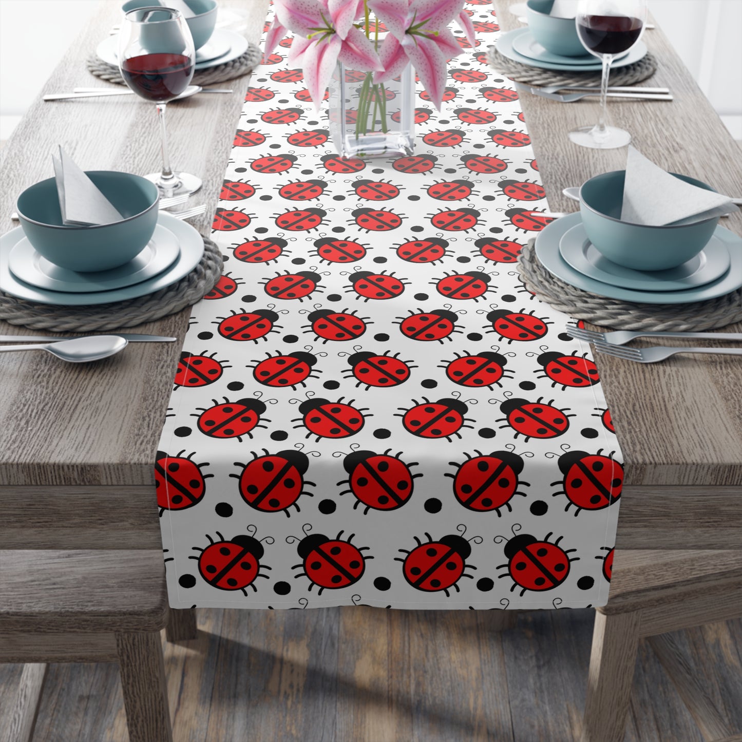 Ladybug Print Table Runner - Charming Good Luck, Cotton Twill or Polyester - Perfect for Nature-Inspired Home Decor