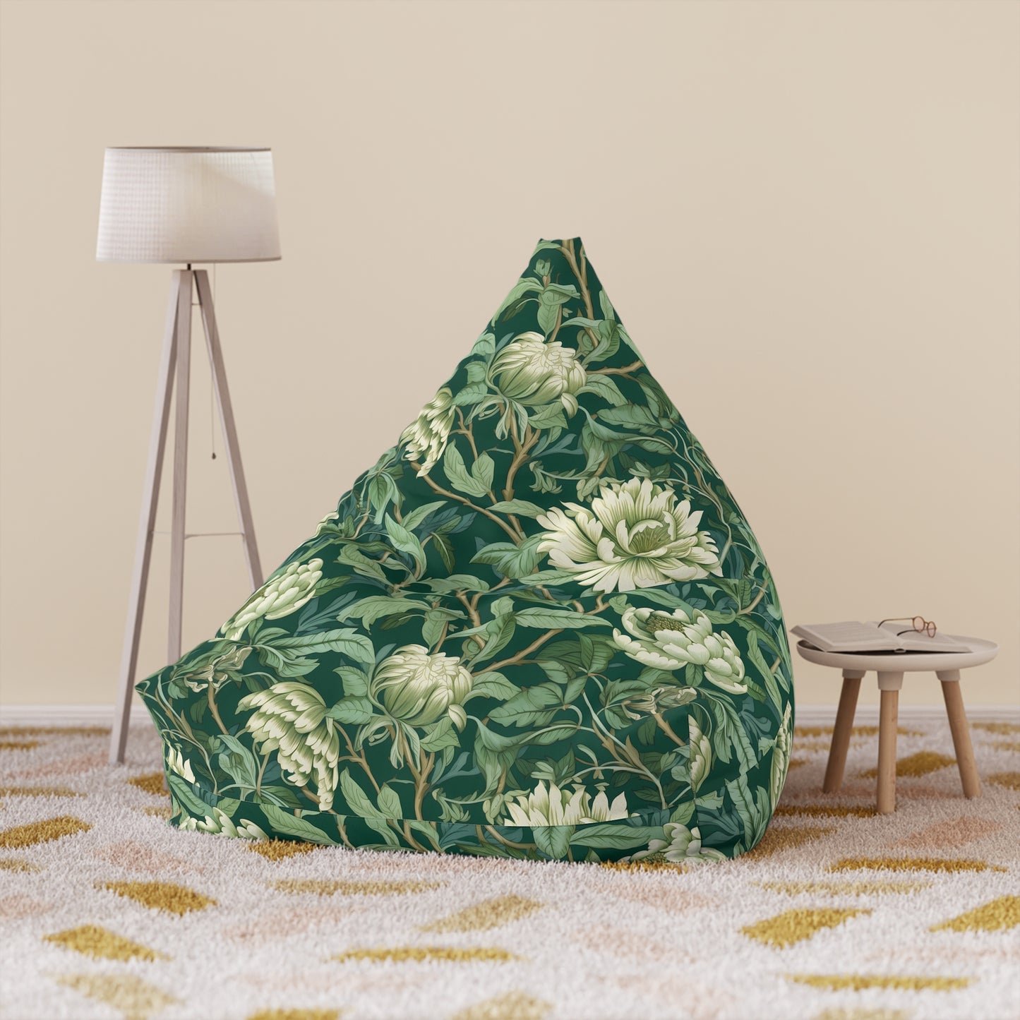 Chinoiserie Bean Bag Chair Cover - Elegant Oriental-Inspired Polyester Slipcover with Secure Zip - Fits Various Sizes