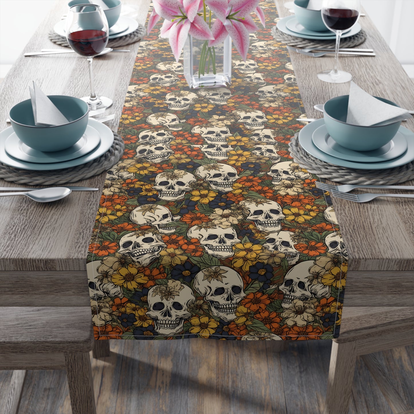 Skull Print Table Runner - Bold Cotton Twill or Sleek Polyester - Ideal for Gothic & Edgy Home Decor