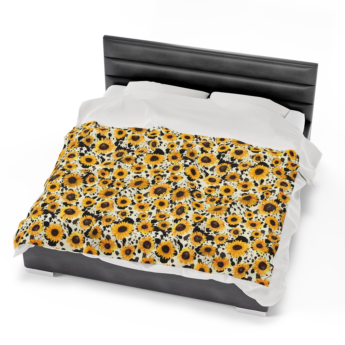 Sunflower Cow Print Velveteen Plush Blanket | Soft, Stylish, Luxurious and Comforting | Available in Multiple Sizes
