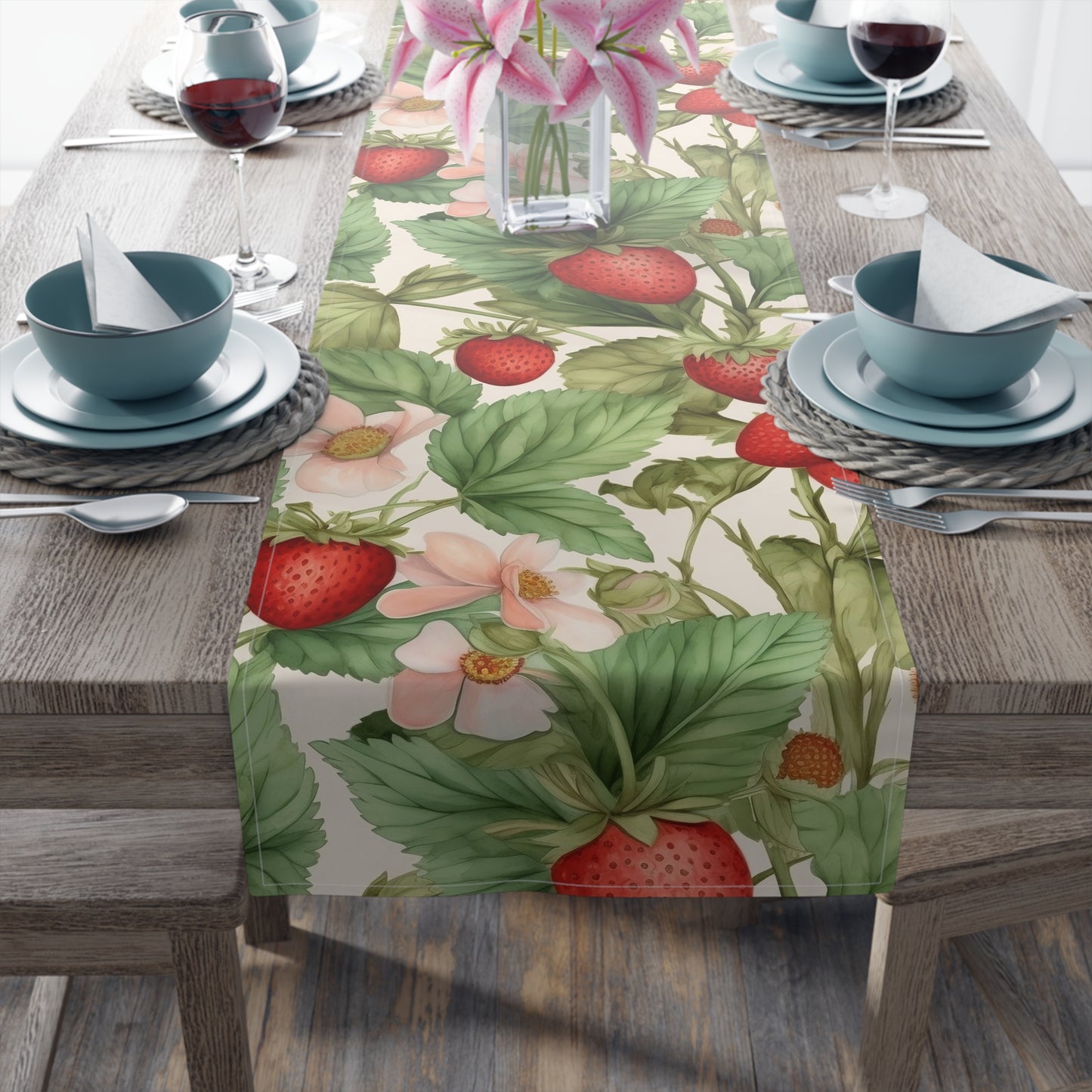 Strawberry Print Table Runner - Sweet Charm, Cotton Twill or Polyester - Perfect for Summer & Whimsical Home Decor