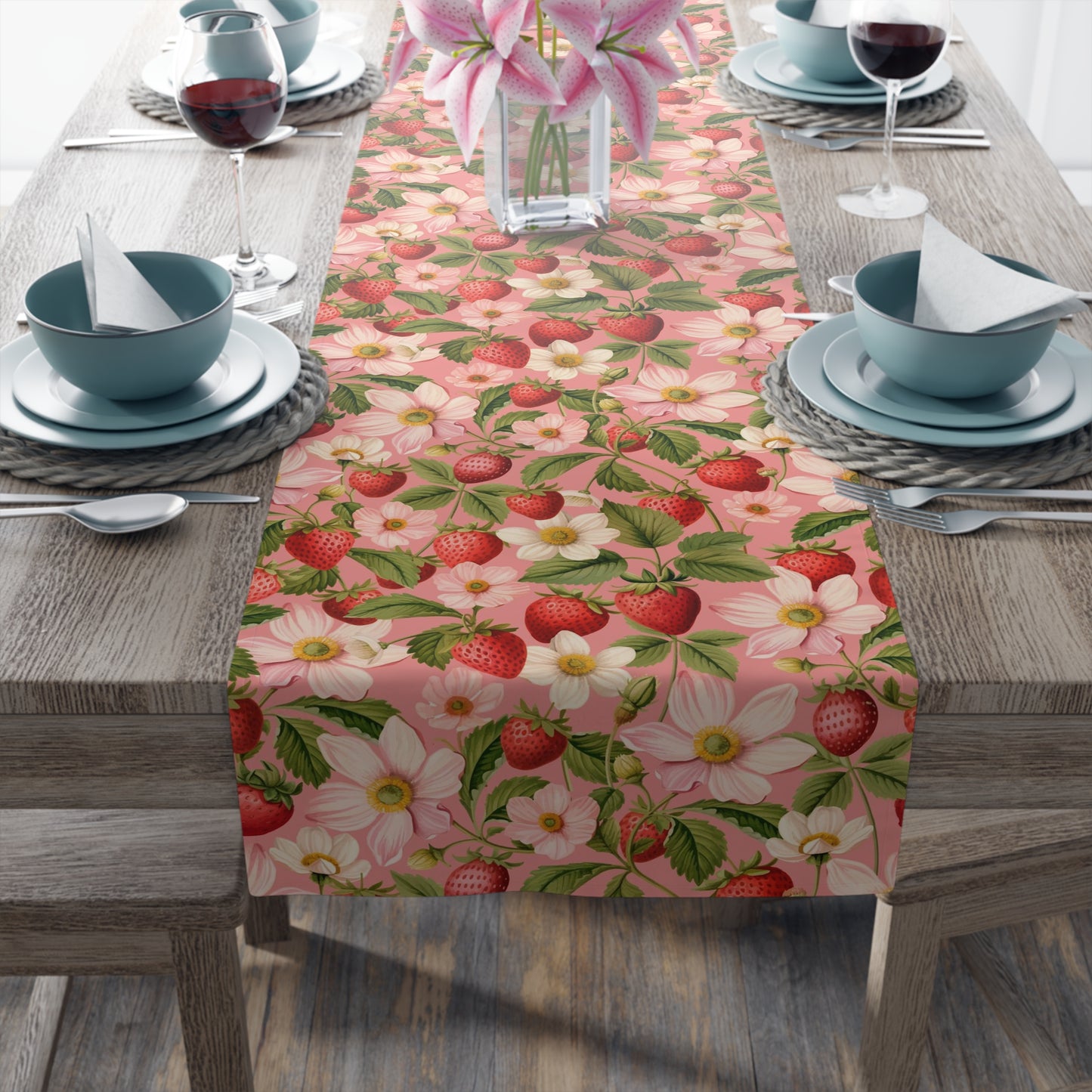 Strawberry Print Table Runner - Sweet Charm, Cotton Twill or Polyester - Perfect for Summer & Whimsical Home Decor