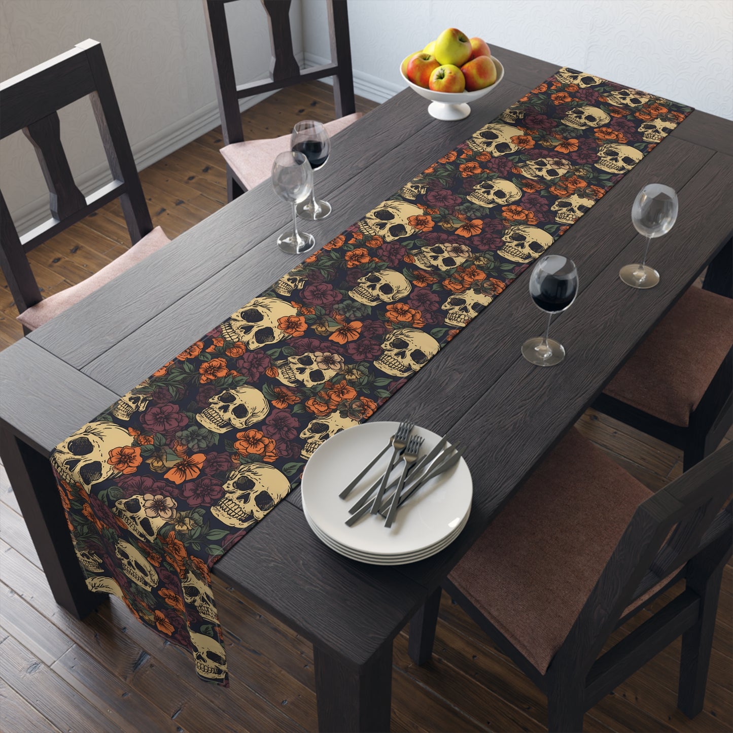 Skull Print Table Runner - Bold Cotton Twill or Sleek Polyester - Ideal for Gothic & Edgy Home Decor