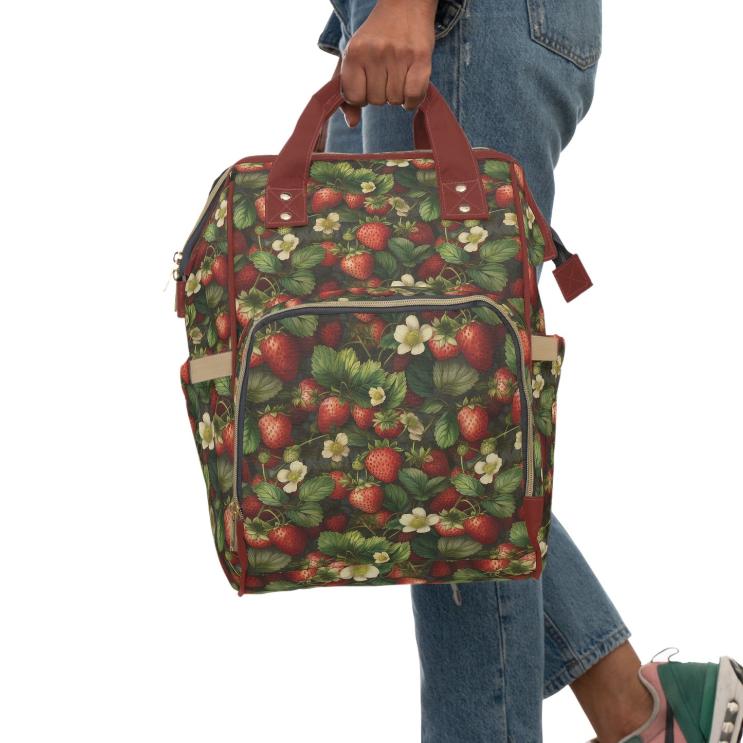 Multifunctional Strawberry Diaper Backpack - Convenient Storage for On-the-Go Parents