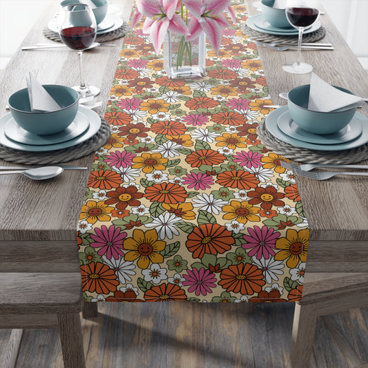 Retro Floral Print Table Runner - Vintage Vibes, Cotton Twill or Polyester - Perfect for Nostalgic & Chic Home Decor
