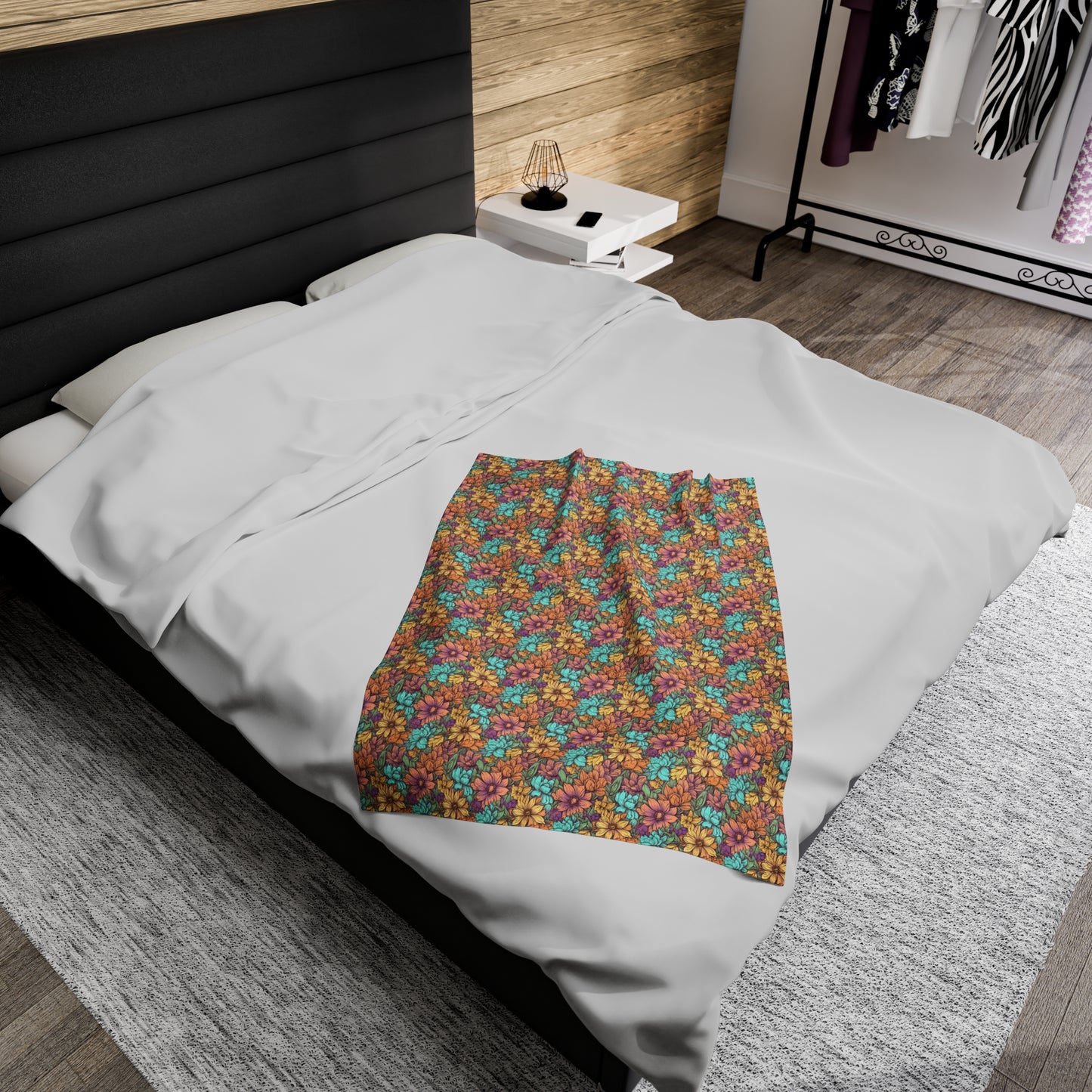 Boho Floral Velveteen Plush Blanket | Soft, Artistic, Luxurious and Comforting | Available in Multiple Sizes