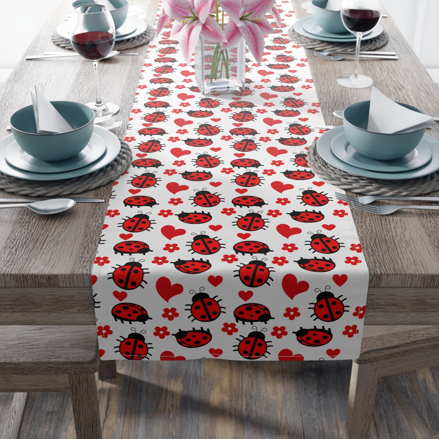 Ladybug Print Table Runner - Charming Good Luck, Cotton Twill or Polyester - Perfect for Nature-Inspired Home Decor