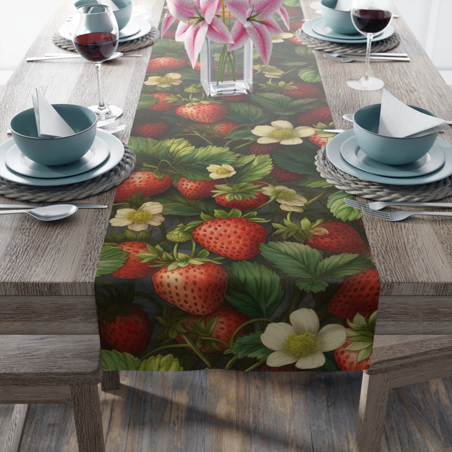 Strawberry Print Table Runner - Sweet Charm, Cotton Twill or Polyester - Perfect for Summer & Whimsical Home Decor