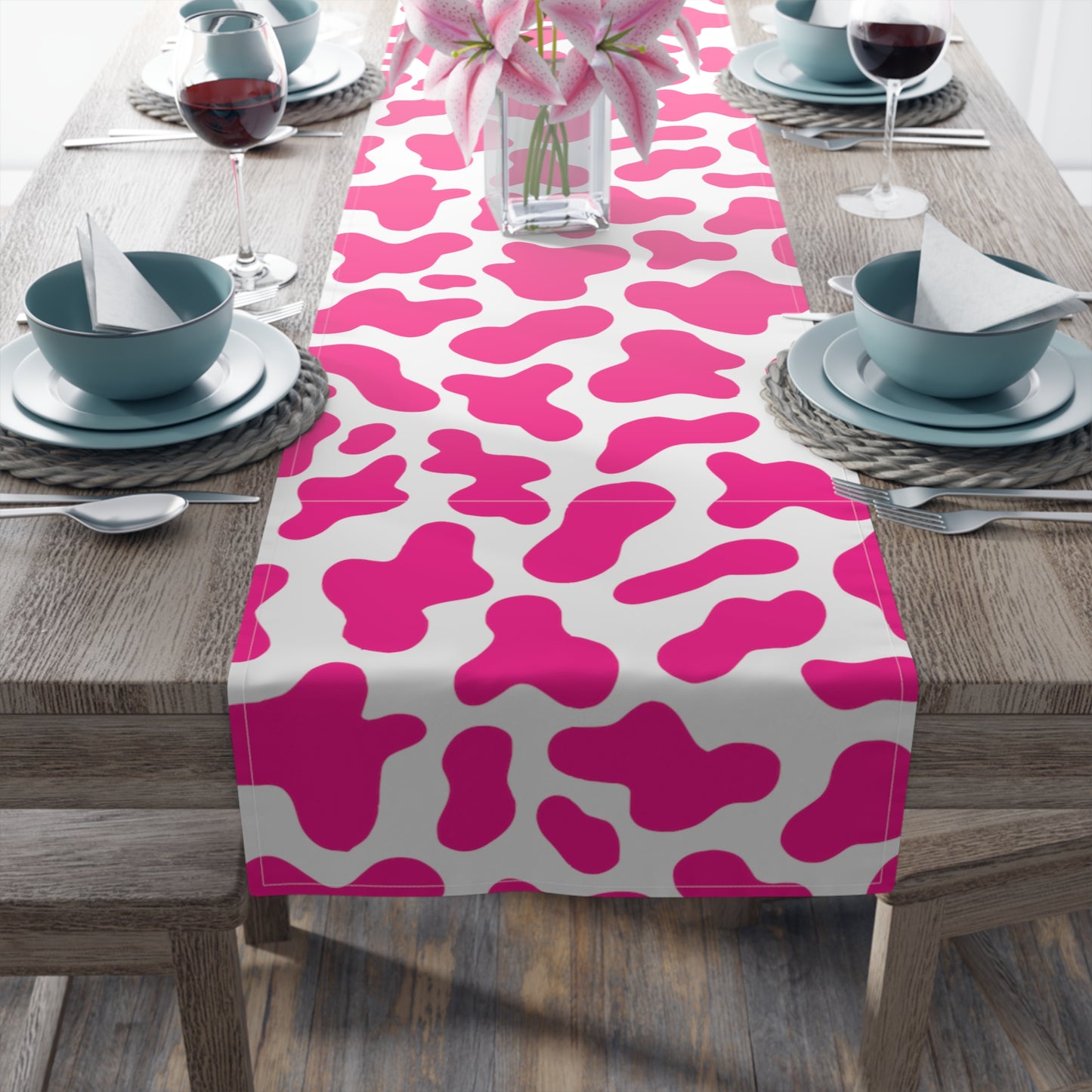 Cow Print Table Runner - Chic Farmhouse Style, Available in Cotton Twill or Polyester - Elevate Your Home Decor