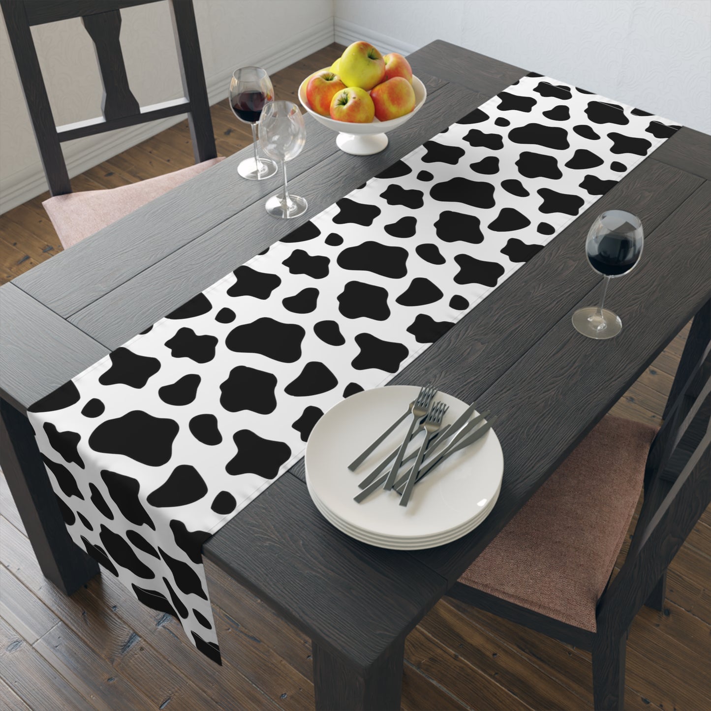 Cow Print Table Runner - Chic Farmhouse Style, Available in Cotton Twill or Polyester - Elevate Your Home Decor