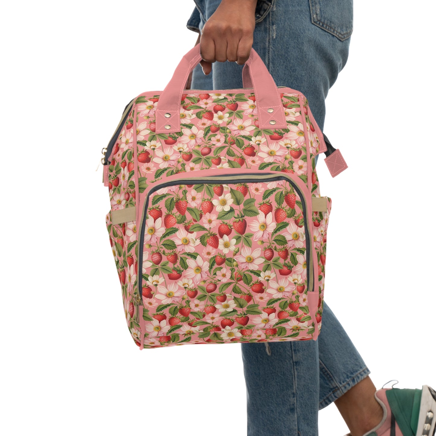 Multifunctional Strawberry Diaper Backpack - Convenient Storage for On-the-Go Parents