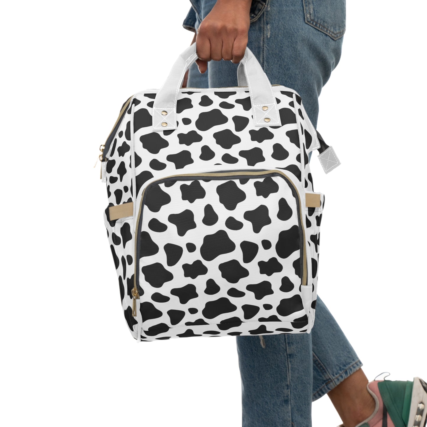 Trendy Cow Print Diaper Backpack - Durable Baby Bag with Unique Cow Pattern, Spacious Nappy Bag for Fashion-Forward Parents