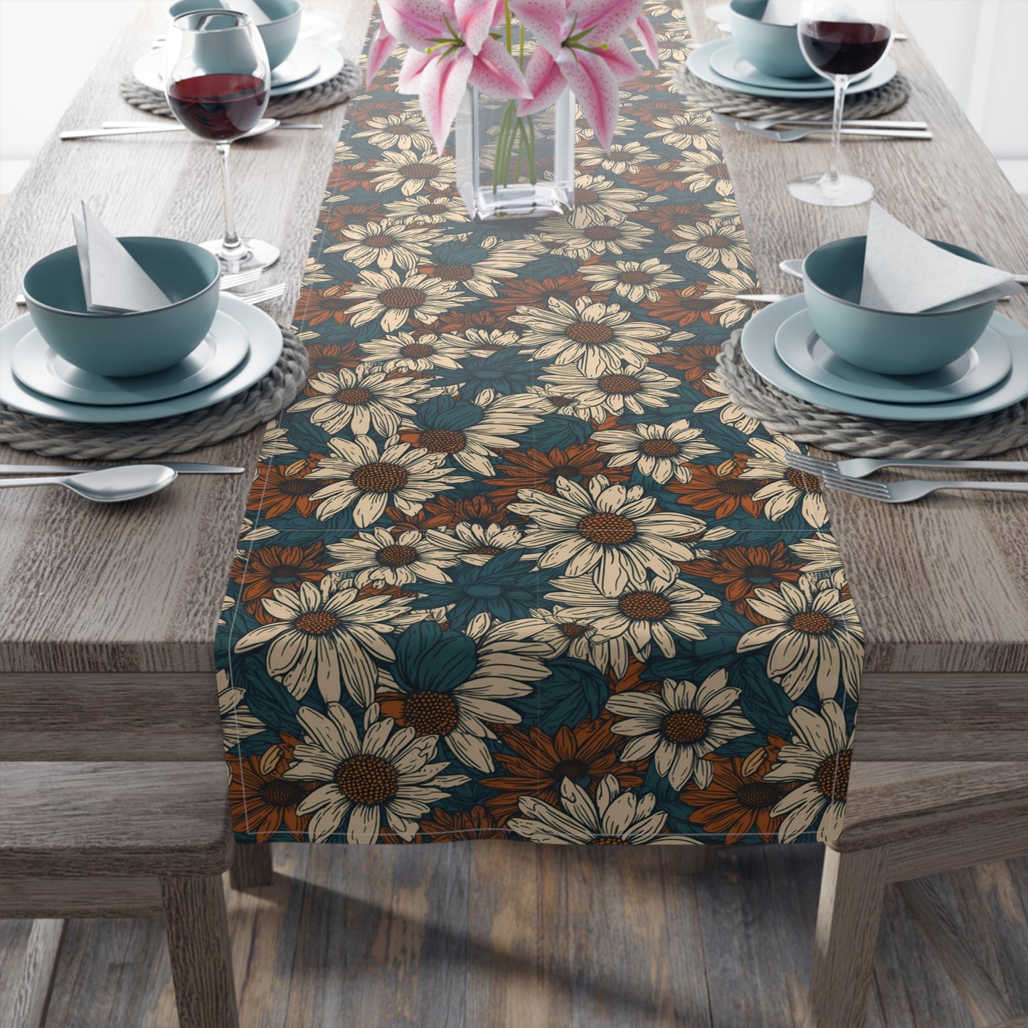Daisy Print Table Runner - Fresh and Simple, Cotton Twill or Polyester - Perfect for Light & Airy Home Decor