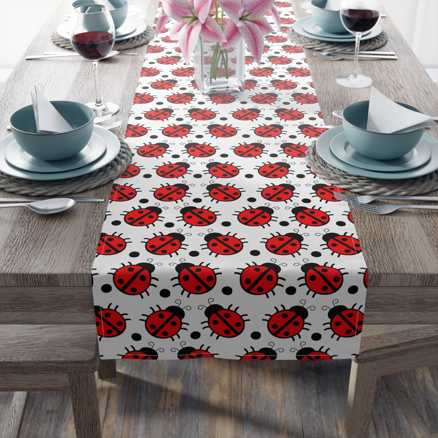 Ladybug Print Table Runner - Charming Good Luck, Cotton Twill or Polyester - Perfect for Nature-Inspired Home Decor