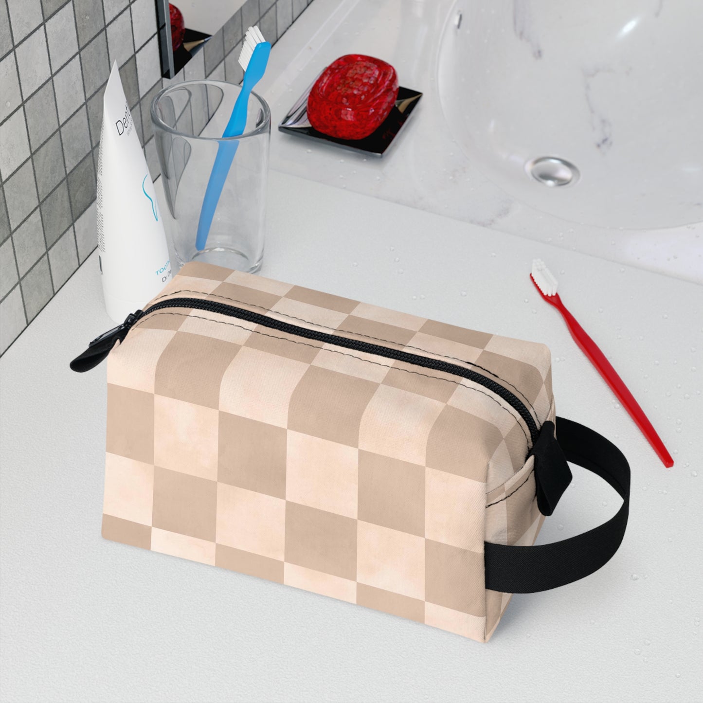 Pastel Checkers Toiletry Bag - Water-Resistant & Chic Cosmetic Organizer - Lightweight Travel Pouch - Elegant Bathroom Accessory