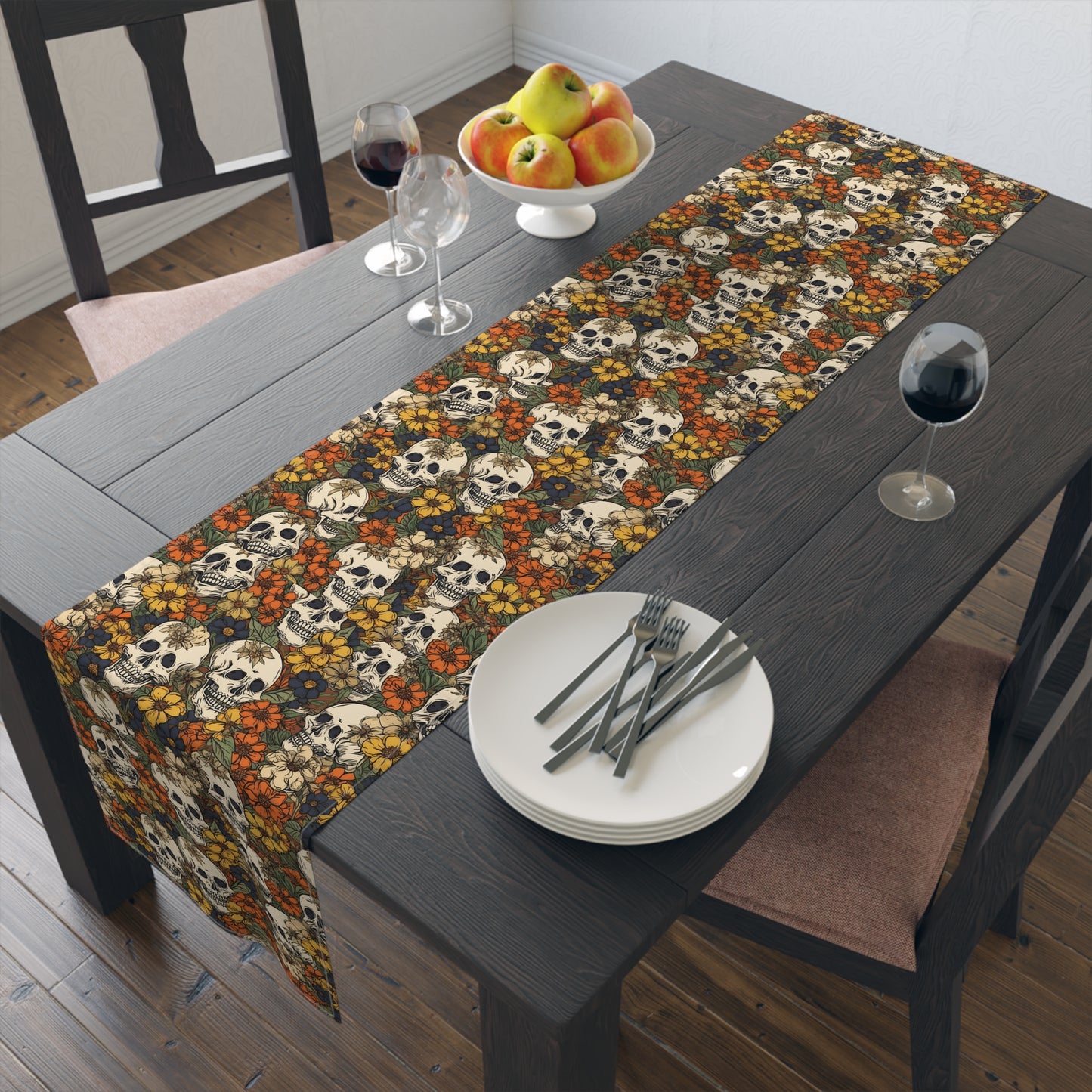 Skull Print Table Runner - Bold Cotton Twill or Sleek Polyester - Ideal for Gothic & Edgy Home Decor