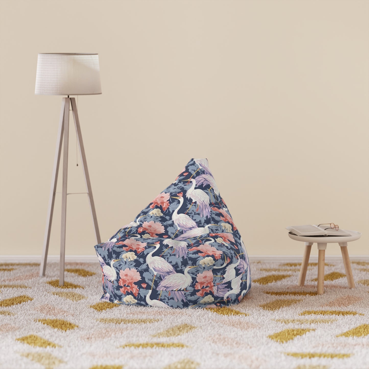 Chinoiserie Bean Bag Chair Cover - Elegant Oriental-Inspired Polyester Slipcover with Secure Zip - Fits Various Sizes