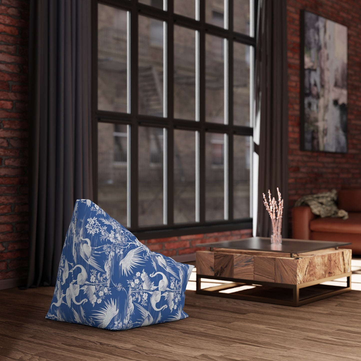 Chinoiserie Bean Bag Chair Cover - Elegant Oriental-Inspired Polyester Slipcover with Secure Zip - Fits Various Sizes