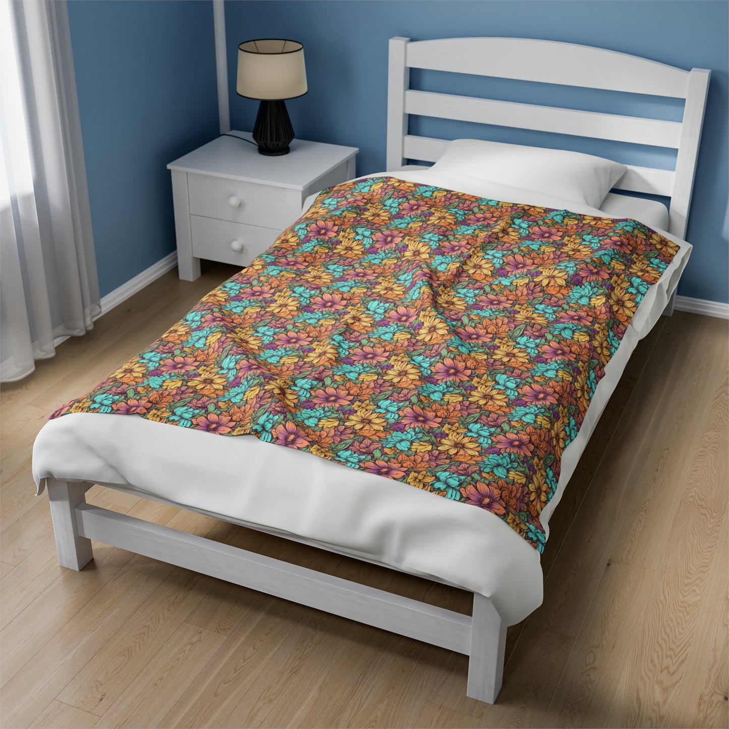 Boho Floral Velveteen Plush Blanket | Soft, Artistic, Luxurious and Comforting | Available in Multiple Sizes