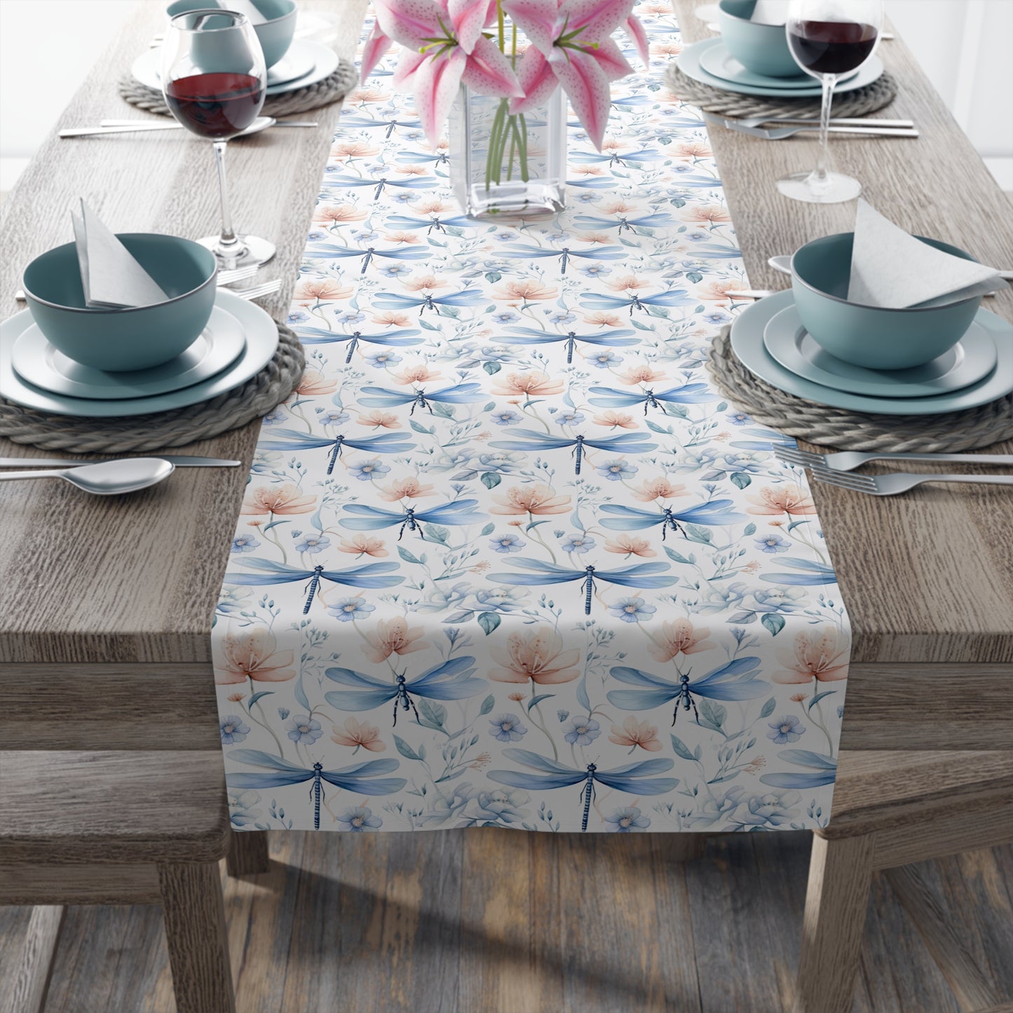 Dragonfly Print Table Runner - Elegant Whimsy, Cotton Twill or Polyester - Perfect for Nature-Inspired Home Decor