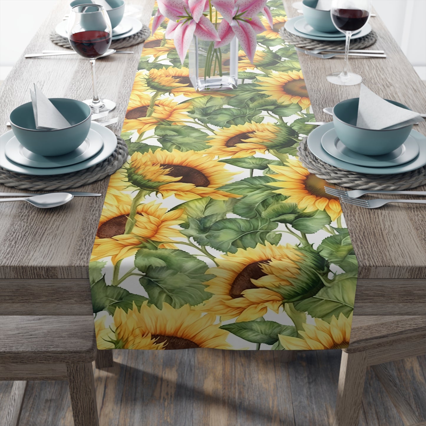 Sunflower Print Table Runner - Bright and Cheerful, Cotton Twill or Polyester - Perfect for Sunny Home Decor