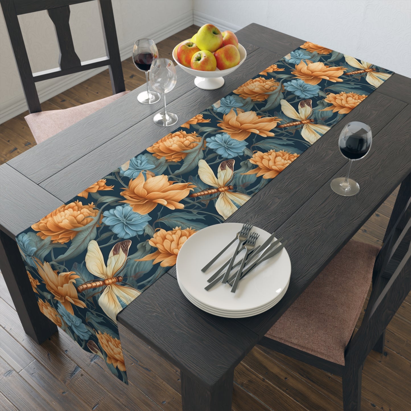 Dragonfly Print Table Runner - Elegant Whimsy, Cotton Twill or Polyester - Perfect for Nature-Inspired Home Decor