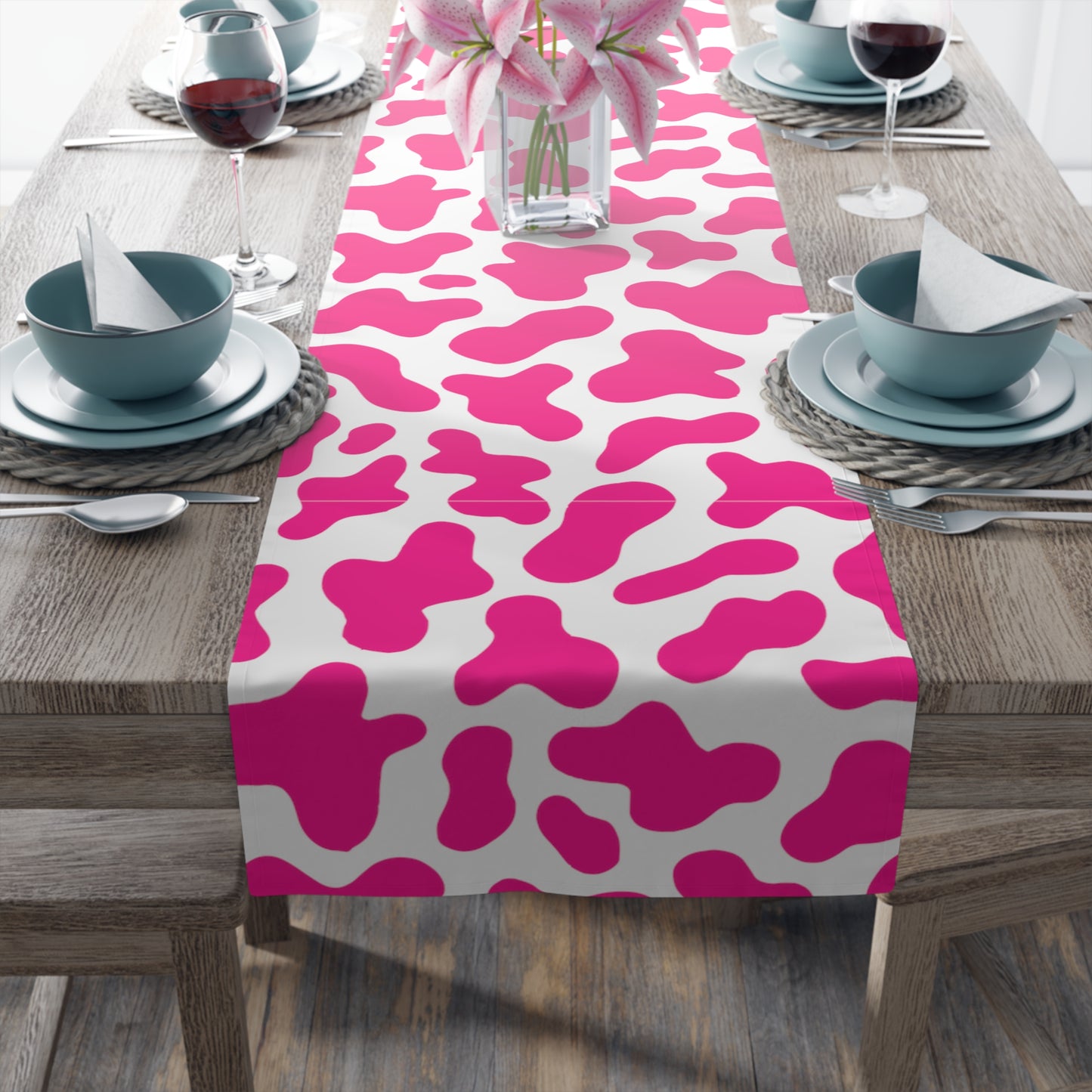 Cow Print Table Runner - Chic Farmhouse Style, Available in Cotton Twill or Polyester - Elevate Your Home Decor