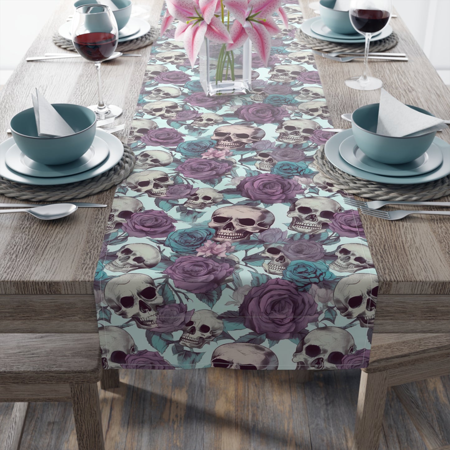 Skull Print Table Runner - Bold Cotton Twill or Sleek Polyester - Ideal for Gothic & Edgy Home Decor