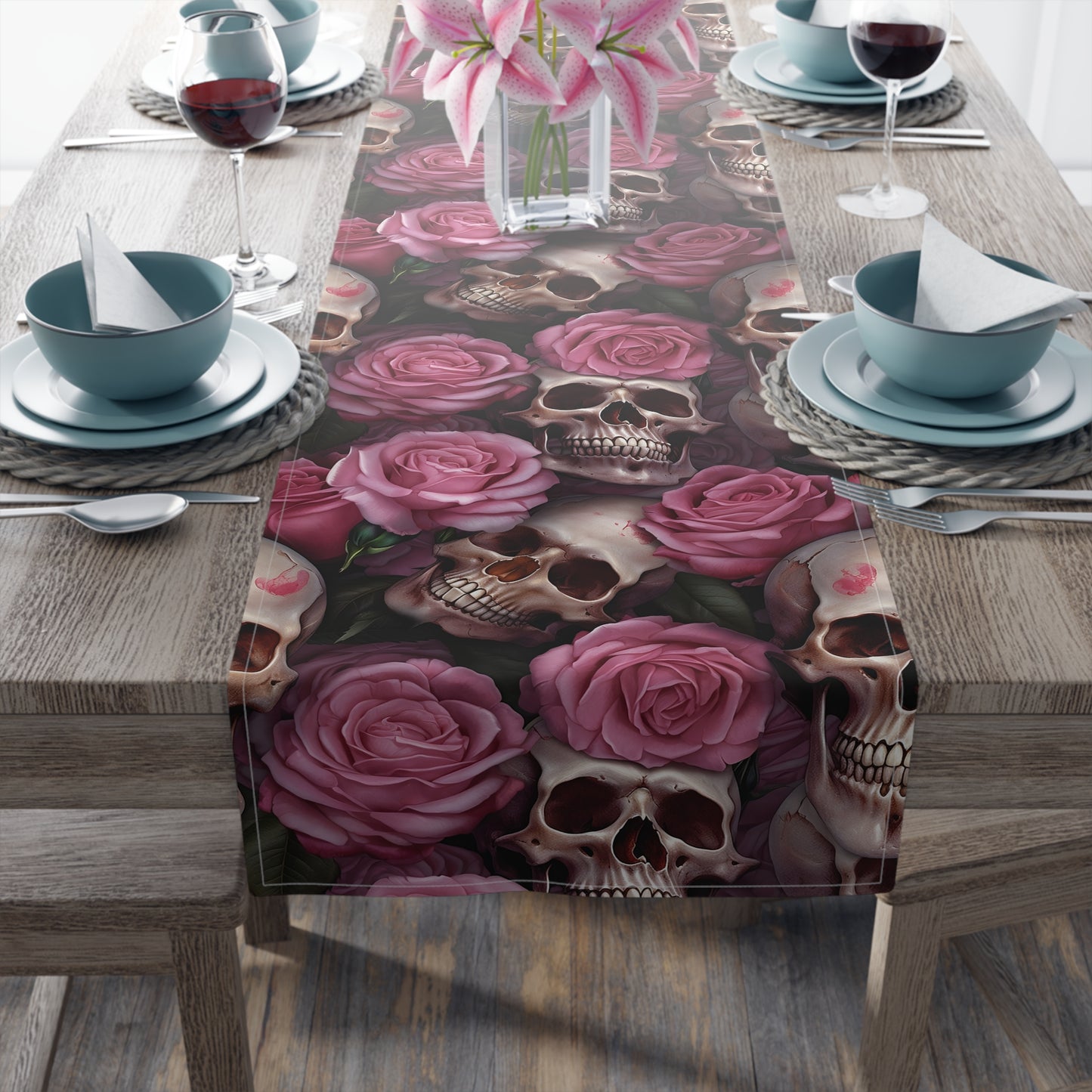 Skull Print Table Runner - Bold Cotton Twill or Sleek Polyester - Ideal for Gothic & Edgy Home Decor