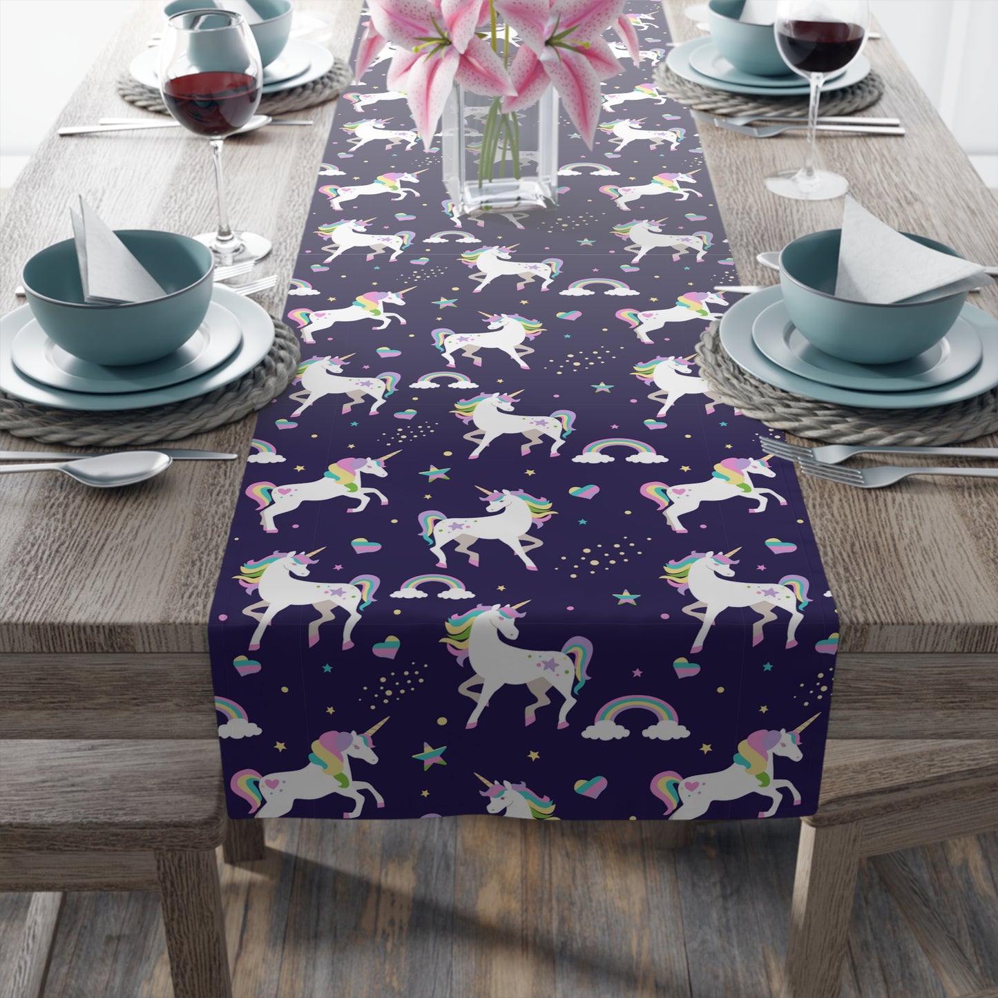 Unicorn Print Table Runner - Magical Elegance, Cotton Twill or Polyester - Perfect for Whimsical & Fantasy Home Decor