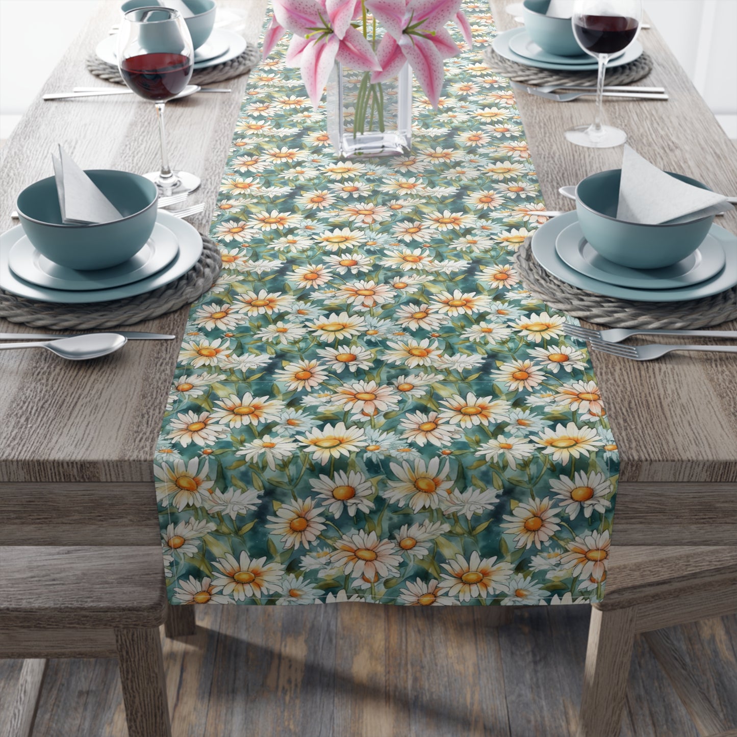 Daisy Print Table Runner - Fresh and Simple, Cotton Twill or Polyester - Perfect for Light & Airy Home Decor