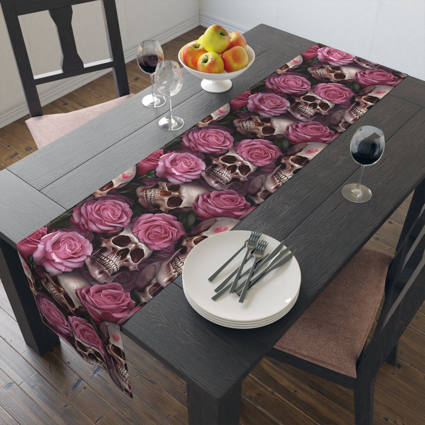 Skull Print Table Runner - Bold Cotton Twill or Sleek Polyester - Ideal for Gothic & Edgy Home Decor