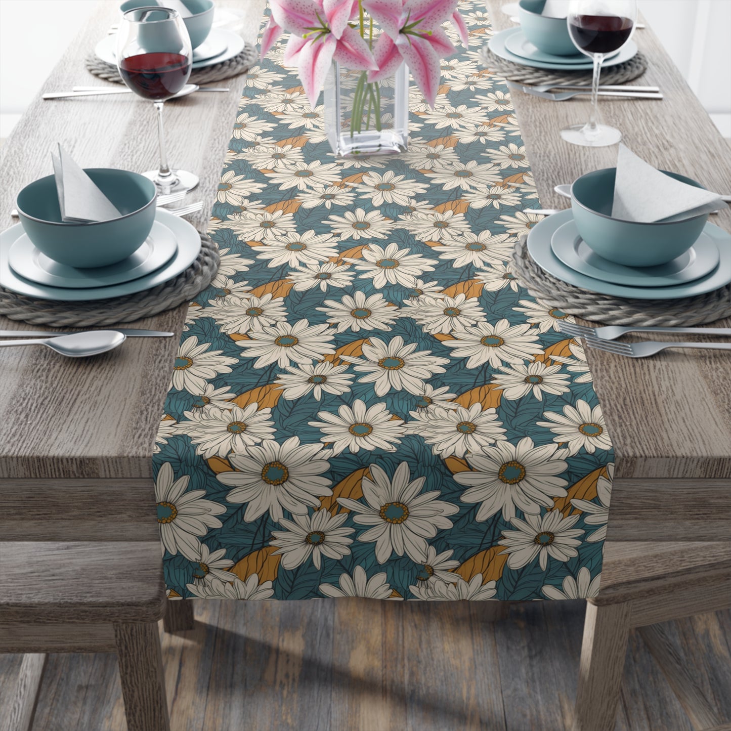 Daisy Print Table Runner - Fresh and Simple, Cotton Twill or Polyester - Perfect for Light & Airy Home Decor