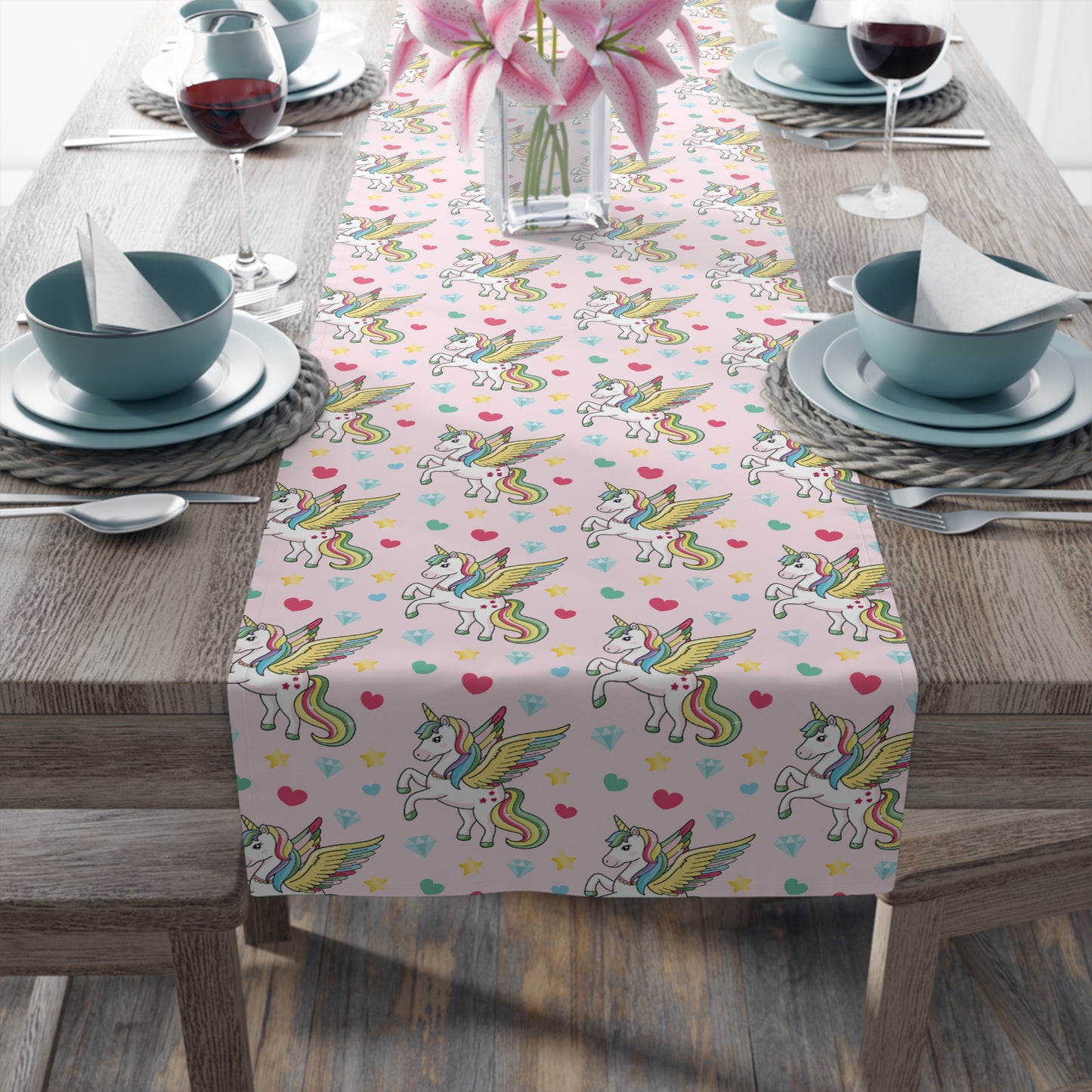 Unicorn Print Table Runner - Magical Elegance, Cotton Twill or Polyester - Perfect for Whimsical & Fantasy Home Decor