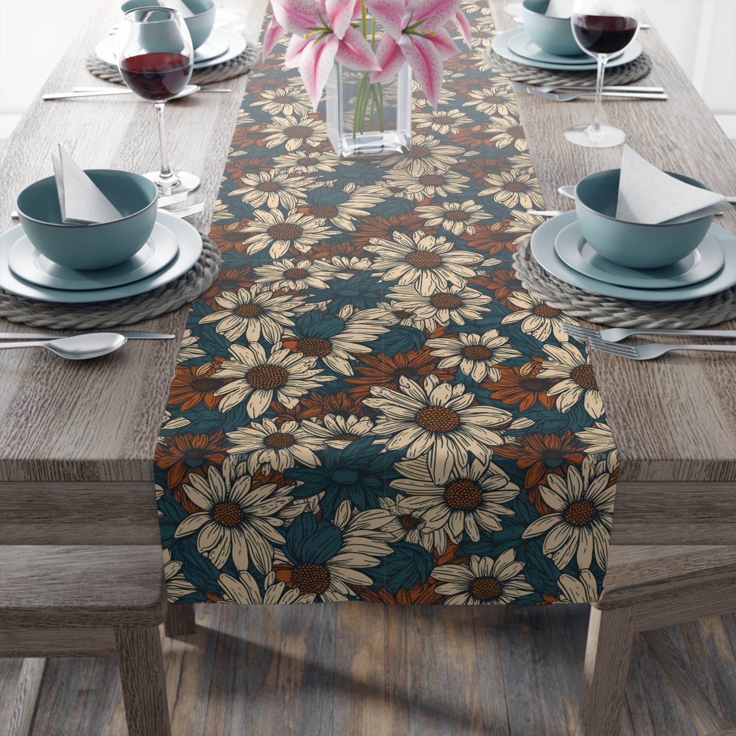 Daisy Print Table Runner - Fresh and Simple, Cotton Twill or Polyester - Perfect for Light & Airy Home Decor