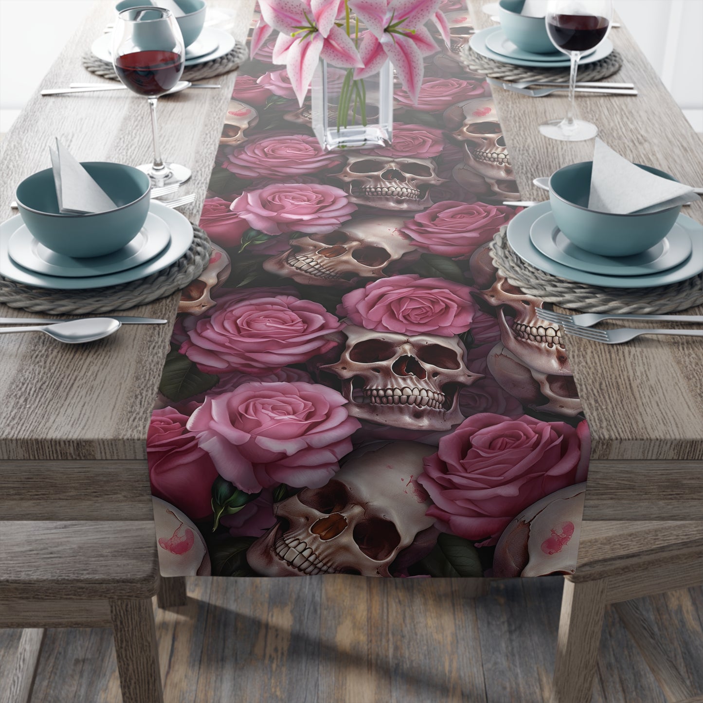 Skull Print Table Runner - Bold Cotton Twill or Sleek Polyester - Ideal for Gothic & Edgy Home Decor