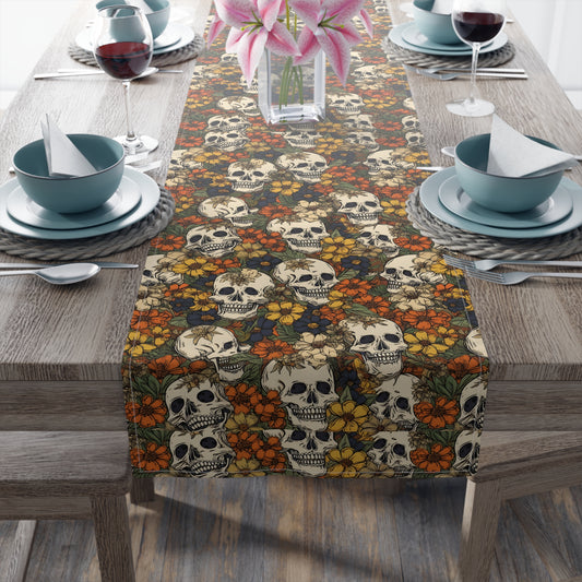Skull Print Table Runner - Bold Cotton Twill or Sleek Polyester - Ideal for Gothic & Edgy Home Decor