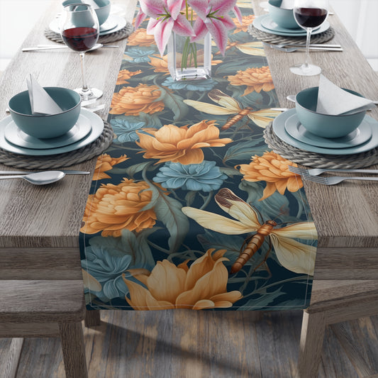 Dragonfly Print Table Runner - Elegant Whimsy, Cotton Twill or Polyester - Perfect for Nature-Inspired Home Decor