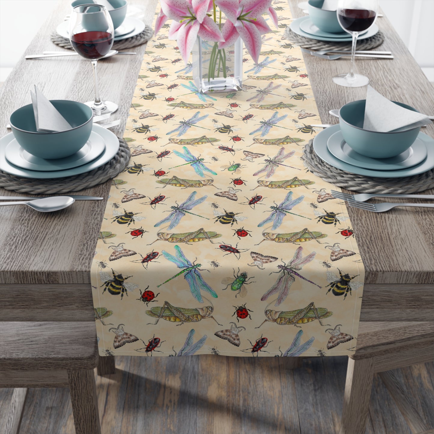 Insect Print Table Runner - Detailed Elegance, Cotton Twill or Polyester - Perfect for Nature Enthusiasts & Scientific Decor