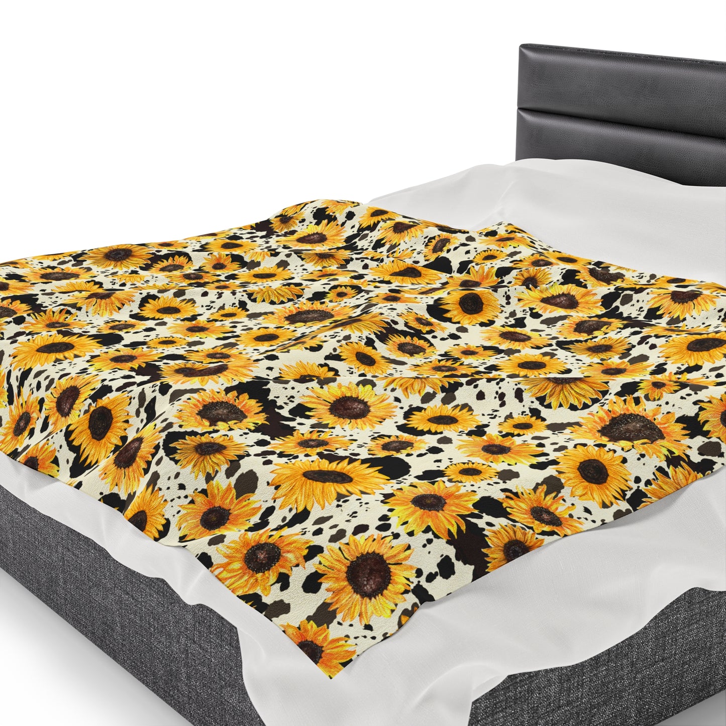 Sunflower Cow Print Velveteen Plush Blanket | Soft, Stylish, Luxurious and Comforting | Available in Multiple Sizes